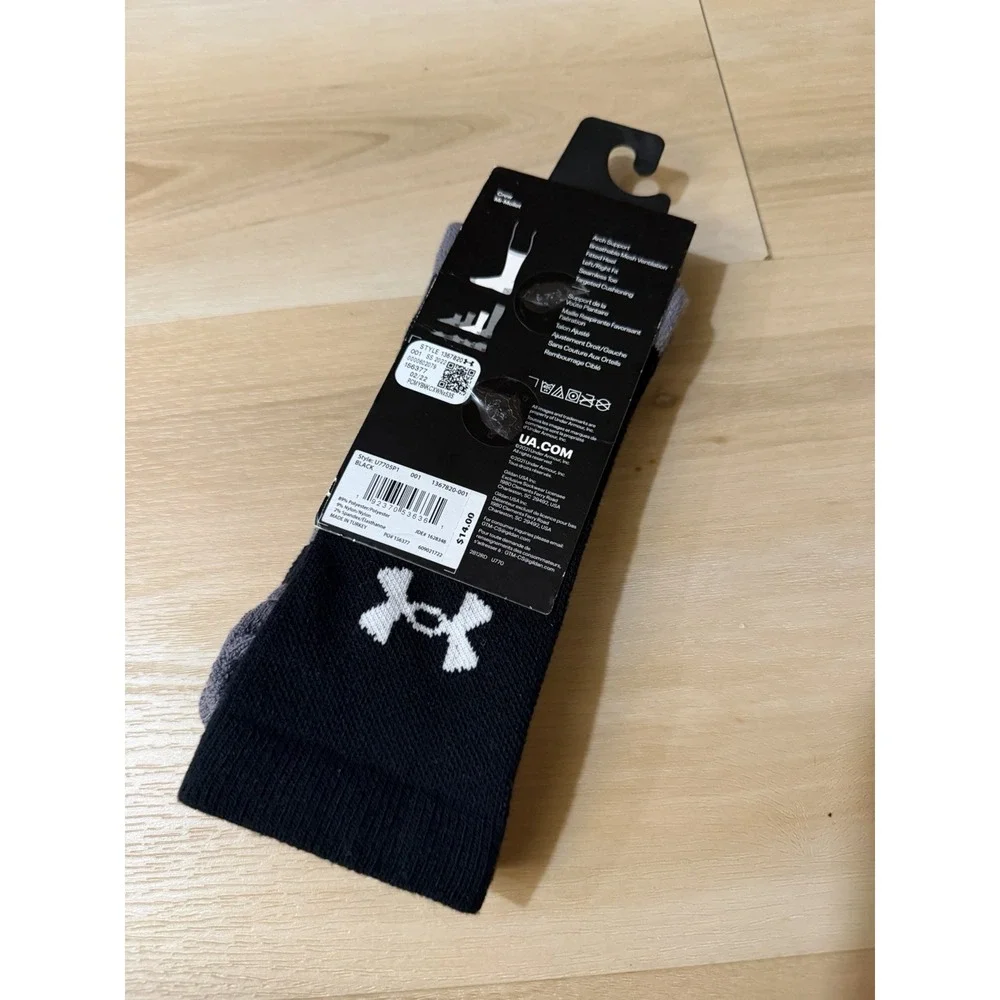 Under Armour Socks Black Crew Polyester Mid Cushion Womens 10-14, Men's 8.5-13